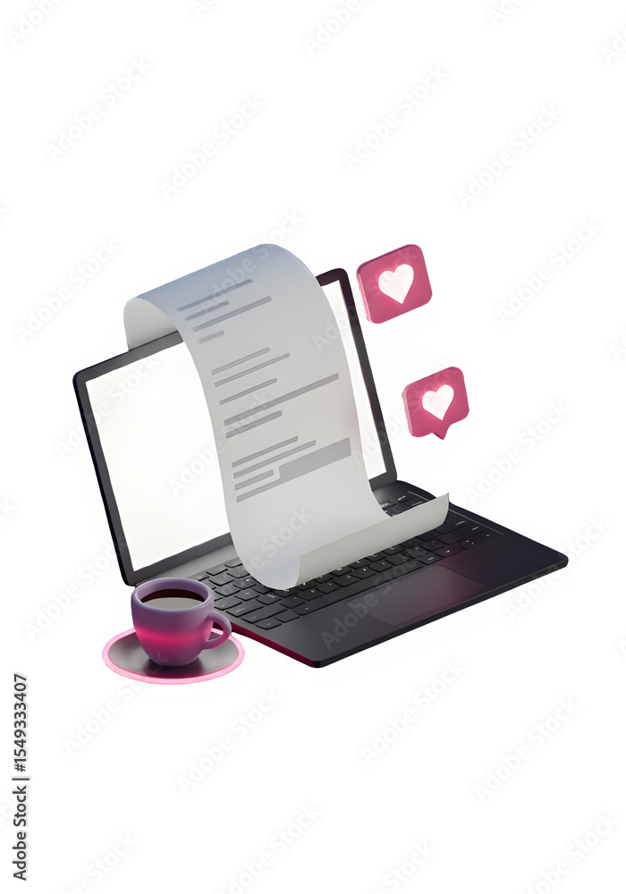 Obraz premium 3D illustration of a laptop with digital document, heart icons, and coffee cup, symbolizing content creation and online engagement