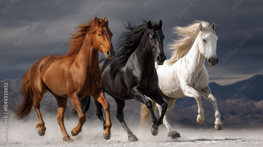 Obraz premium three horses: black, red and white run on white sand against the backdrop of mountains