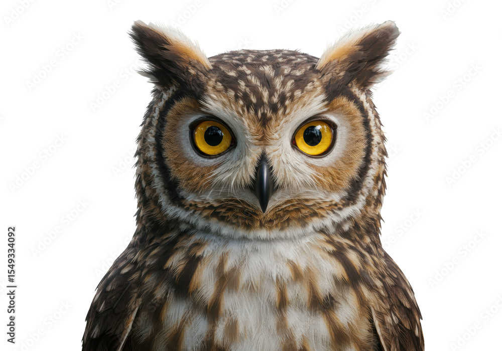 Naklejka premium Isolated Close-up Portrait of Alert Owl with Striking Yellow Eyes