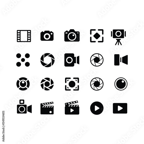Set of Camera, Video, and Media Icons Flat Black Silhouette Vector Symbols.