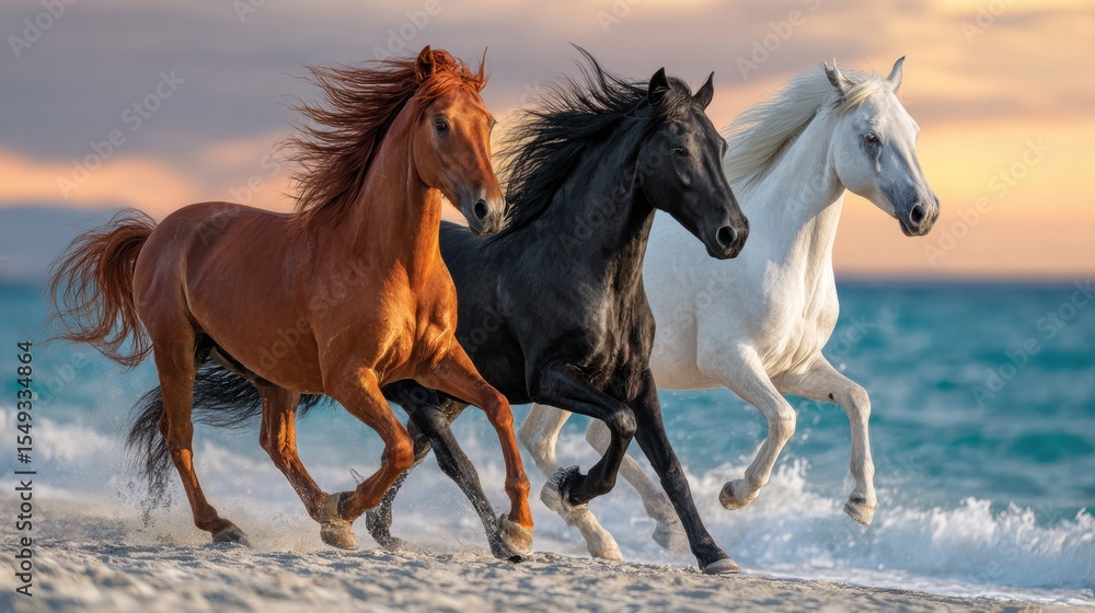Fototapeta premium Three horses: red, black and white run along the ocean shore against the backdrop of a beautiful sunset sky