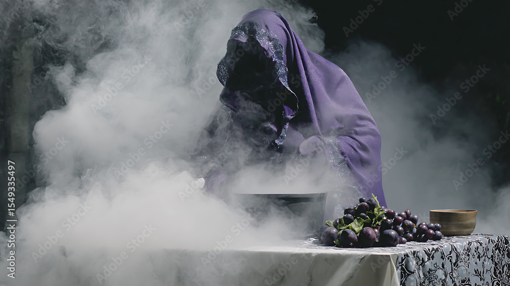 Obraz premium Witch brewing potion in a smoky scene