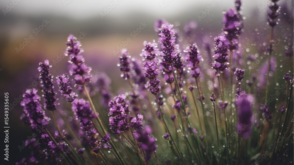 Fototapeta premium A tranquil close-up of a lavender field after rainfall, with water droplets on the purple blossoms, evoking a sense of calm and freshness in nature.