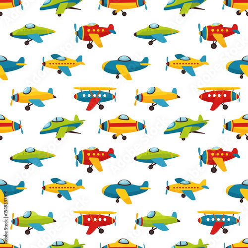 Cheerful pattern featuring various colorful cartoon airplanes. Vector Random Patterns