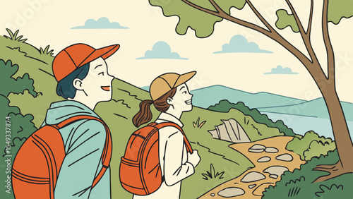 Hiking couple on scenic mountain trail with backpacks, outdoor adventure illustration