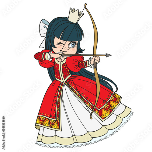 Beautiful brunette princess archer aims an arrow from a drawn bow on white background