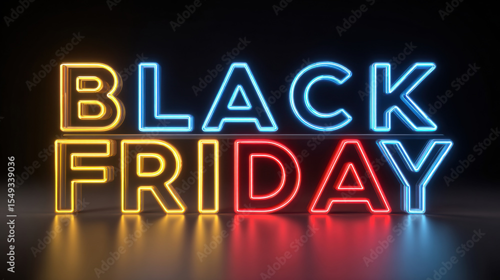 Obraz premium Neon-Style Black Friday Red Blue Yellow Text with Reflective Lighting on Black Background.