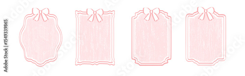 A set of vintage pink scribble frames with bows and ribbons, a hand-drawn pencil doodle design. Romantic wedding celebration decor, coquettish banner. Vintage, scribble elegant lace ribbon frames.