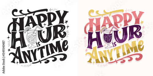 Happy hour - hand drawm doodle lettering art.