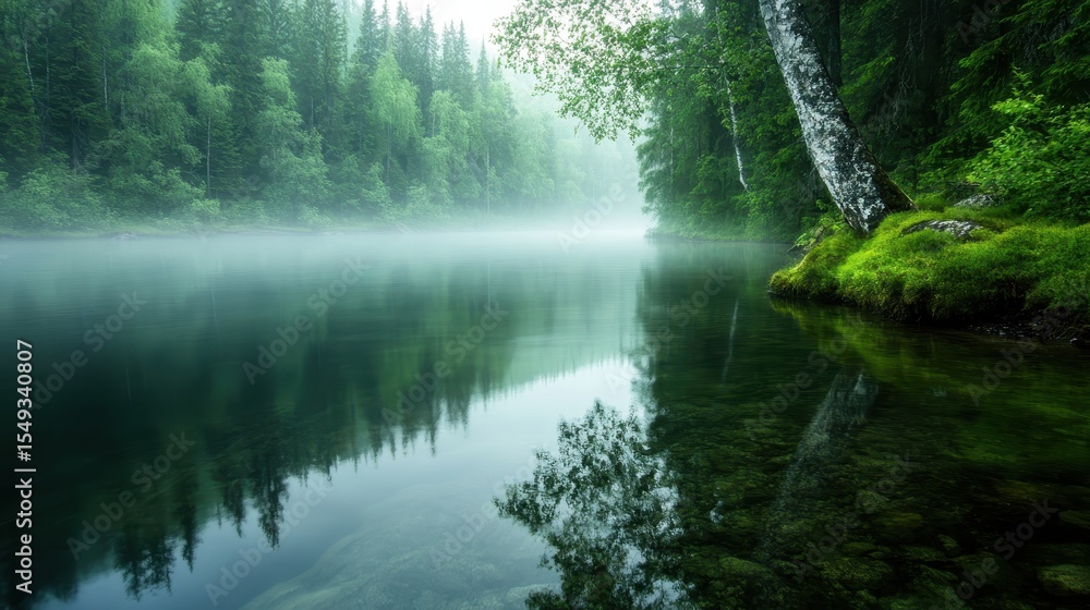 A tranquil scene showcasing the calm surface of a lake surrounded by lush green trees, enveloped in mist, reflecting nature's beauty and serenity in its waters. A tranquil scene showcasing the calm surface of a lake surrounded by lush green trees, enveloped in mist, reflecting nature's beauty and serenity in its waters.