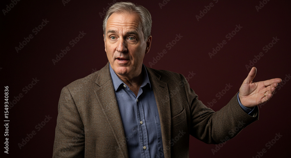 Fototapeta premium Confident mature businessman presenting with a hand gesture isolated
