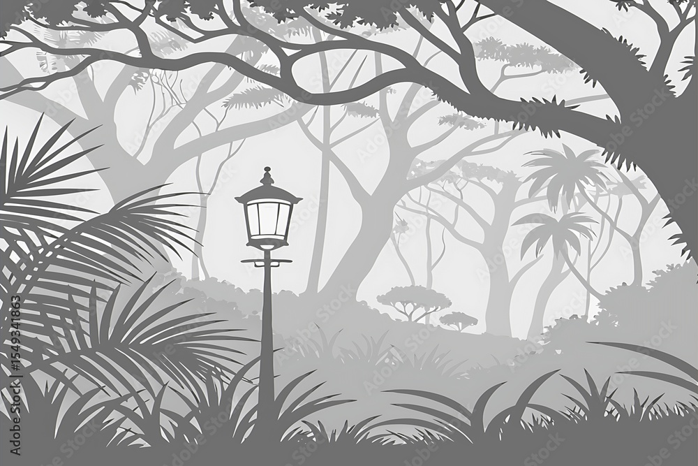 Fototapeta premium Lamppost in a monochrome tropical forest