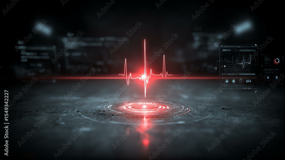 Naklejka premium innovation rescue futuristic emergency hi-tech Futuristic digital heartbeat display with striking red color on dark background, symbolizing health and technology integration.