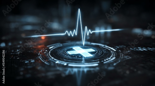 innovation rescue futuristic emergency hi-tech Futuristic medical technology featuring a heartbeat line and a cross symbol, representing healthcare innovation and digital health systems.