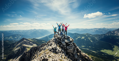 Climbers celebrate reaching the mountain peak.