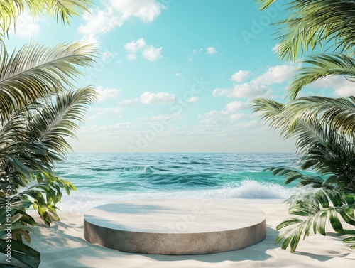 clear pixel picture of 3d render podium with tropical beach background product display presentation scene with summer sea ocean waves and palm leaves high detail 8k