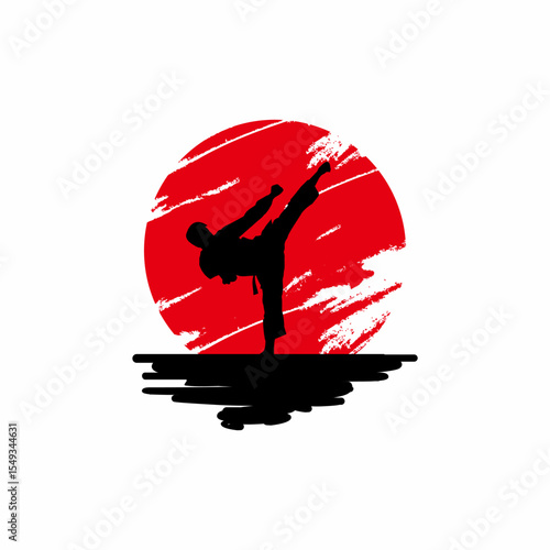 powerful silhouette of a karate fighter performing a high kick in front of a red sun, symbolizing strength, discipline, and traditional martial arts with a Japanese aesthetic