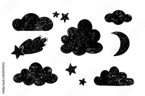 Set of cute black clouds, stars, crescent moon and falling star icons. Hand drawn childish vector, chalk, crayon or pencil texture.
