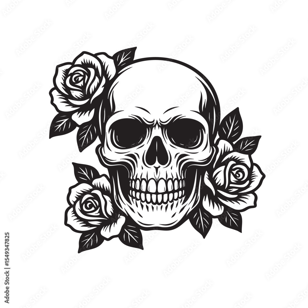 Fototapeta premium Vector illustration of a bold skull design with intricate roses and leaves.