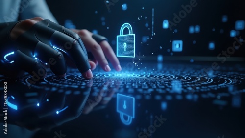 Manos organizando documentos digitales cifrados seguros en un espacio de datos 3D flotante, concepto de ciberseguridad