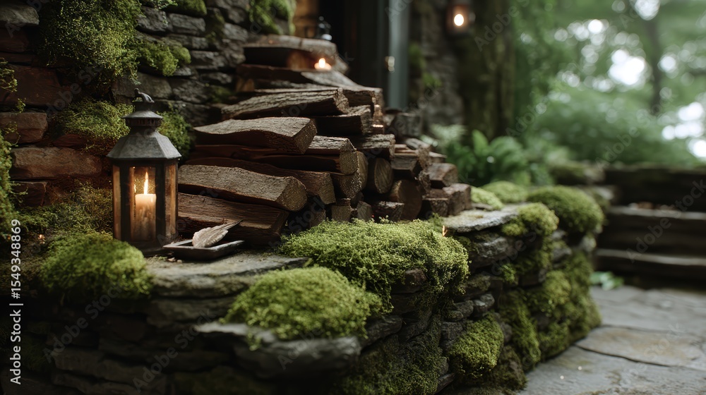 Fototapeta premium Warm stone hearth with stacked firewood, lantern and softly blurred mossy stone wall background