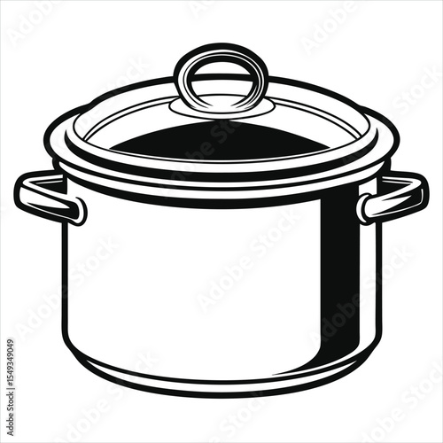 Black and white illustration of a covered cooking pot. Kitchen utensils are perfect for use in culinary branding, cooking blogs, recipe books, restaurant menus, food packaging, kitchenware labels