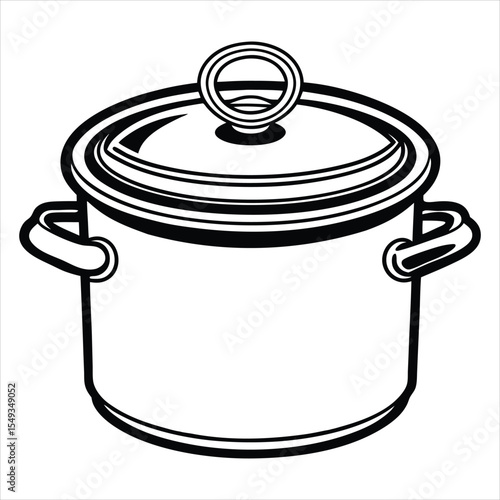 Line art illustration of a stockpot with a lid. Kitchen utensils are perfect for use in culinary branding, cooking blogs, recipe books, restaurant menus, food packaging, kitchenware labels, home decor