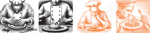 Halftone stipple dotted effect vector bundle design of a chef looking at perfectly prepared dish black color, detailed culinary illustration, cooking art, kitchen chef concept, restaurant cooking vect