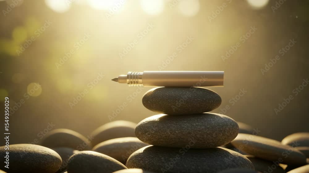 Small metallic object on stacked stones sunrise or sunset scene