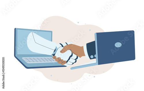 Handshake of man and robot, Robotic AI and businessman shaking hands, Online collaboration between humans and artificial intelligence, Modern technology. Flat design vector illustration.