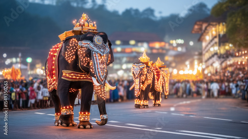 Elephants in Glowing Traditional Costumes Marching through Streets During Kandy Esala Perahera Festival in Sri Lanka