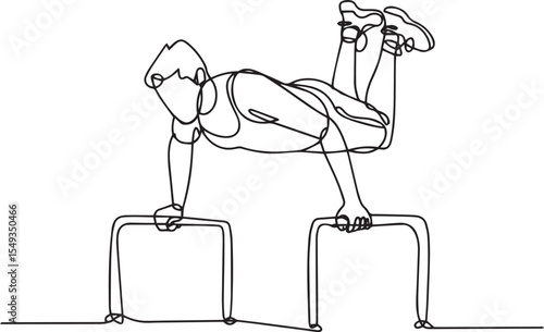 continuous single line drawing of a person doing push-up exercise on parallel bars in athletic wear against white background