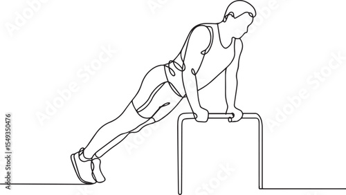 continuous single line drawing of a person doing push-up exercise on parallel bars in athletic wear against white background