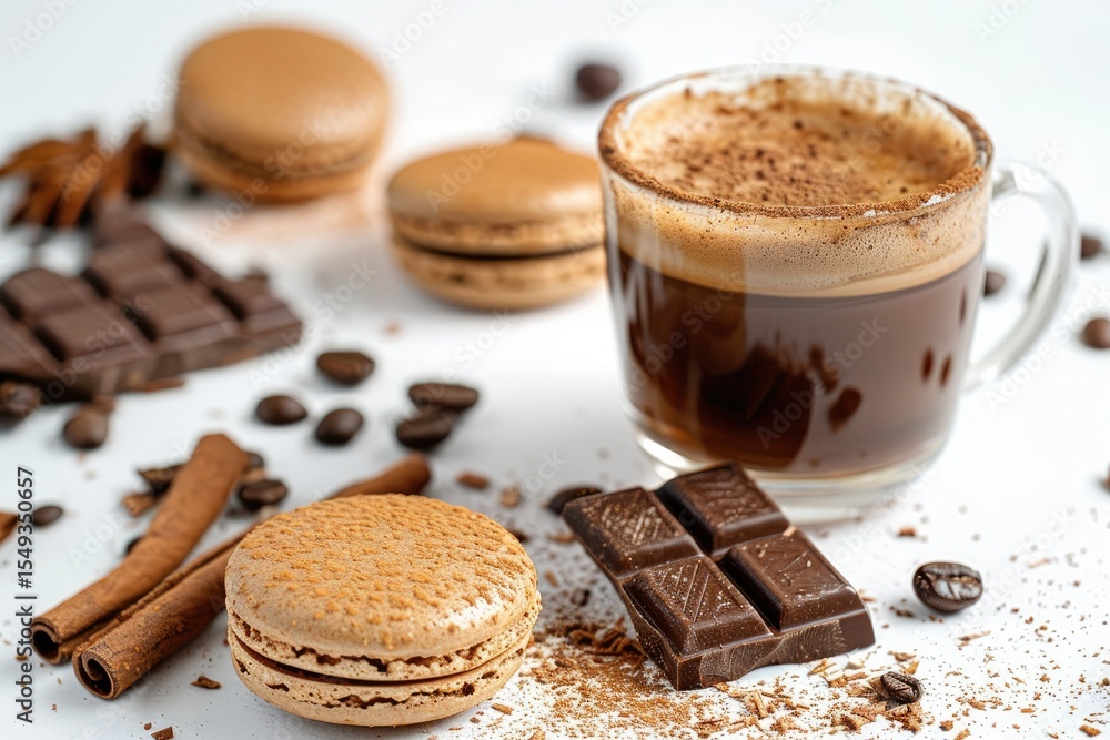 Coffee Glass Macaroons and Chocolate Piece with Ingredients on White Background Coffee Glass Macaroons and Chocolate Piece with Ingredients on White Background