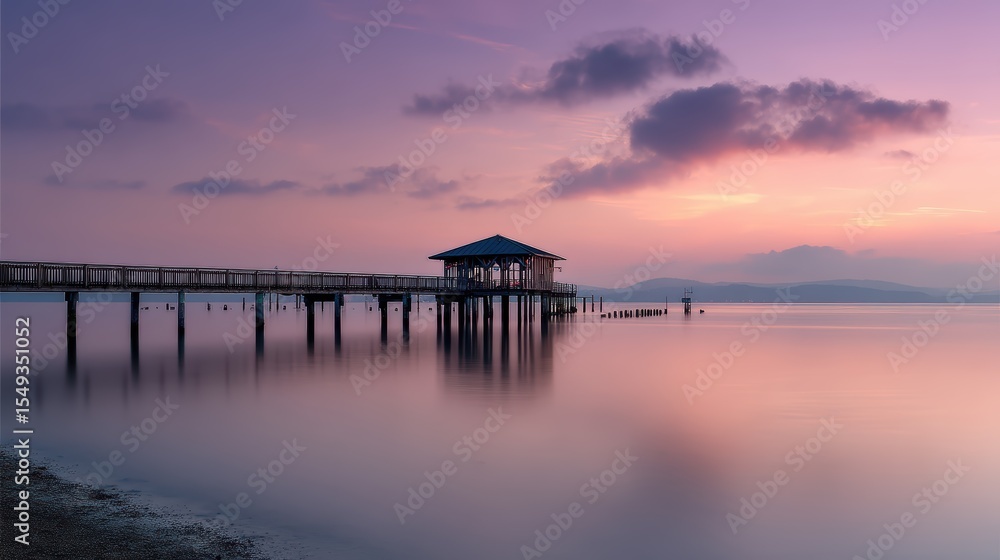 Obraz premium Wooden seaside pier stretching into calm sea with softly blurred horizon background under pastel sunset light
