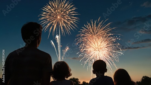 Silhouetted family watching fireworks display in the night sky with vibrant bursts and colorful explosions