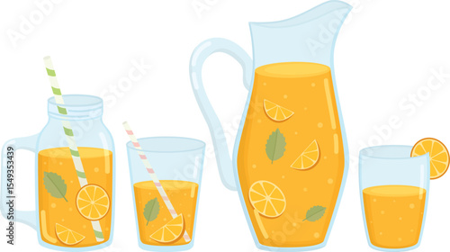 Jug, glasses and jar of orange lemonade or juice isolated on white. Various containers of summer drink with orange slices and mint
