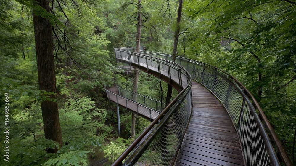 Fototapeta premium Elevated Wooden Walkway Through Lush Green Forest