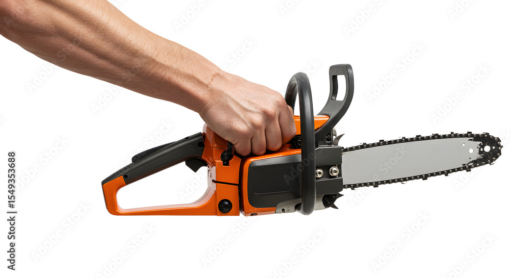 Fototapeta premium Holding Orange Chainsaw with Bare Arm and Hand on White Background
