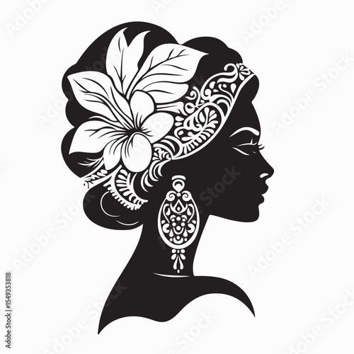 Beautiful Balinese Woman Wearing Traditional Attire and Frangipani Flowers on Her Head Silhouette vector