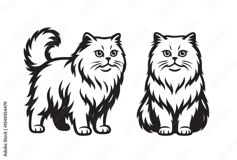 Obraz premium Vector illustration of two british longhair cats, one standing and one sitting, Pet