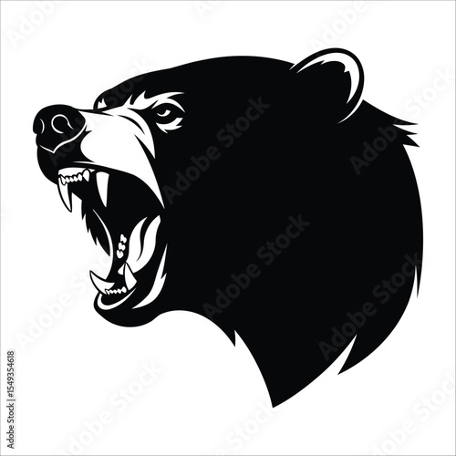 Stylized black and white illustration of a bear's head in profile. The bear is depicted with its mouth open, showcasing sharp teeth and prominent fangs.