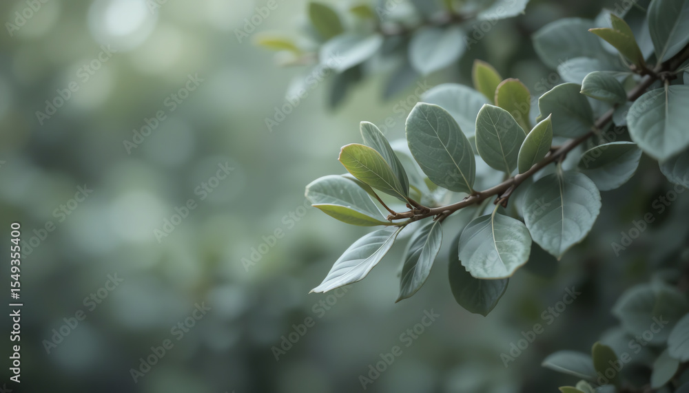 Obraz premium Elegant branch with textured green leaves and blur background for a natural composition