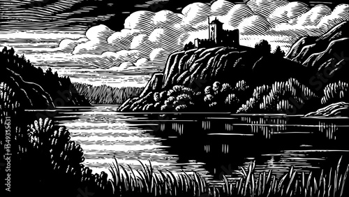A lakeside castle perched on a rocky hill with clouds drifting above the mirrored waters, a black and white sketch vector