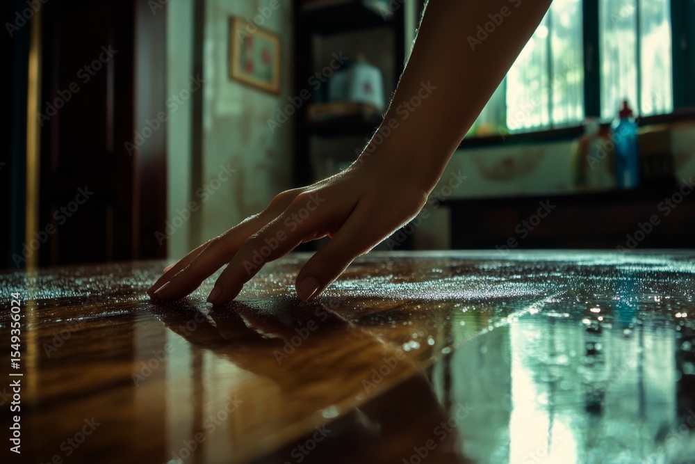 Obraz premium Close-up hand of maid cleaning the table during household chores, maintaining cleanliness and tidiness in the home., Generative AI
