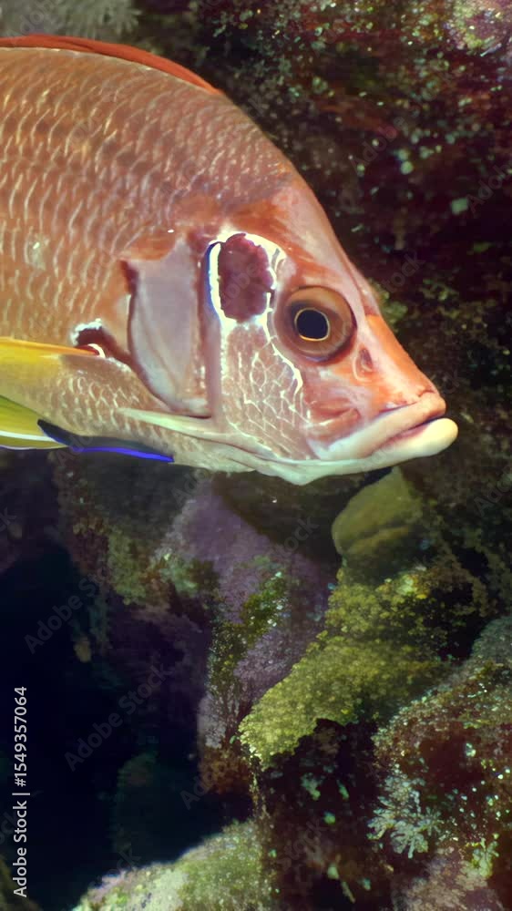A squirrelfish patiently receives cleaning services from a tiny cleaner wrasse in the turquoise waters of Bonaire, Netherlands Antilles, during daylight hours. A squirrelfish patiently receives cleaning services from a tiny cleaner wrasse in the turquoise waters of Bonaire, Netherlands Antilles, during daylight hours.