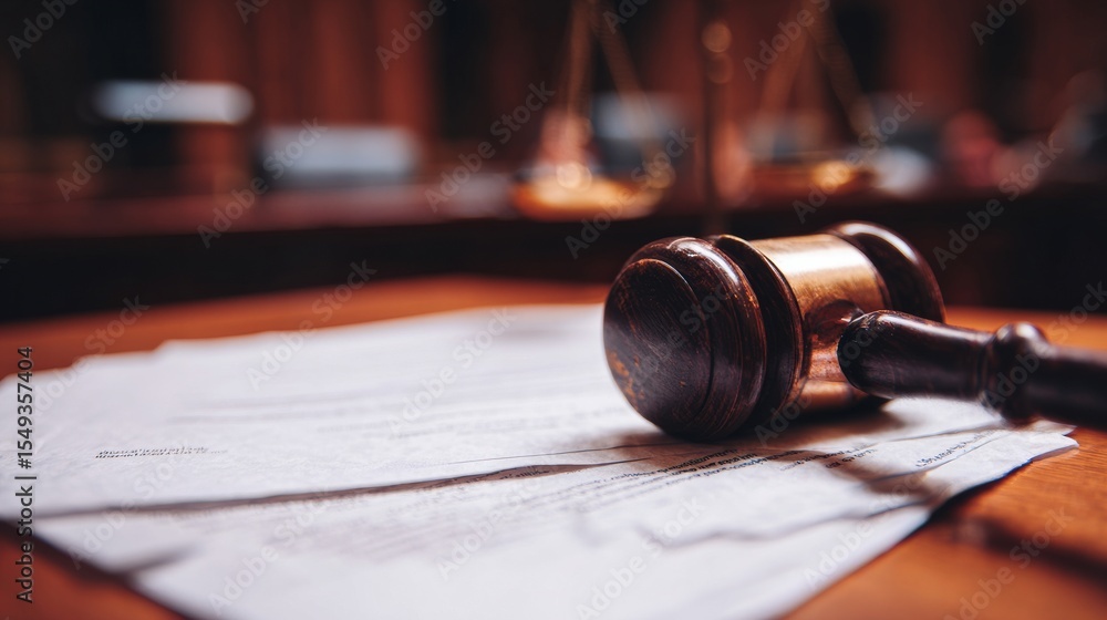 Gavel resting on legal documents with open law book, symbolizing justice, court trial, legal dispute resolution and copyright law concept. Gavel resting on legal documents with open law book, symbolizing justice, court trial, legal dispute resolution and copyright law concept.