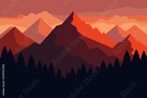 Vibrant sunrise and sunset paint the mountain landscape, with misty clouds and fog clinging to peaks as the sun dips below the horizon, casting silhouettes across the range