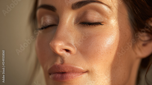 Close up of woman with glowing skin and closed eyes showing natural beauty and smooth complexion in soft light