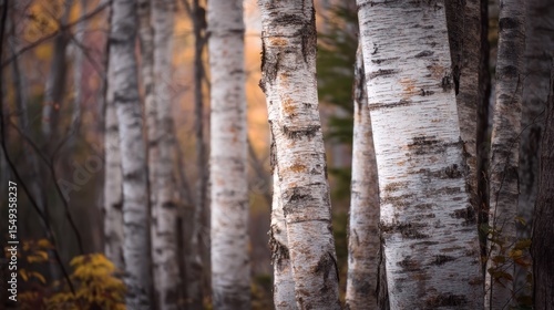 Birch trees with white bark forming a rhythmic pattern in soft autumn light